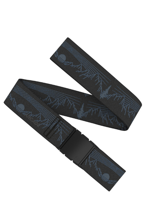 Arcade Belts Out Of Range. A stretch material belt with adjustable buckle in the colour Navy, featuring a nature scene design.