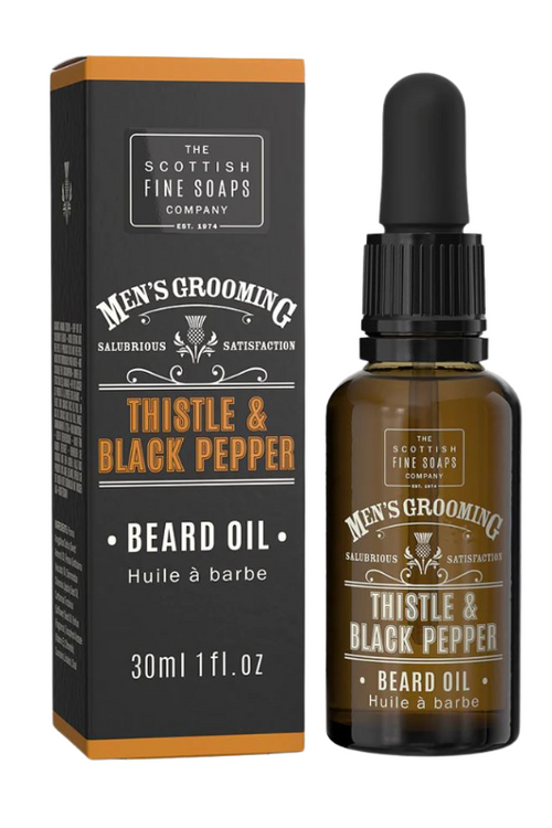 Scottish Fine Soaps Company Thistle & Black Pepper Beard Oil 30ml. Soothing and hydrating, this beard oil is a blend of sweet almond, jojoba, avocado and safflower oil. Infused with a distinctive thistle & black pepper fragrance
