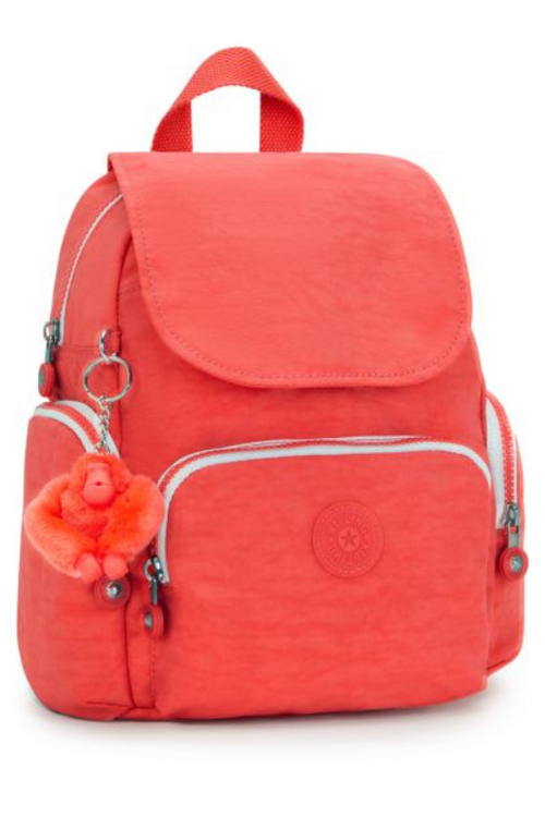 Kipling City Zip Mini Backpack with Adjustable Straps. A mini backpack with adjustable straps, zip/magnetic closure, interior and exterior pockets, Kipling logo and monkey chain. This backpack is in the colour Almost Coral.