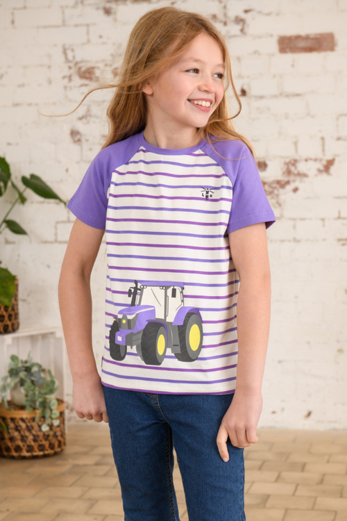 Lighthouse Causeway Short Sleeve T-Shirt. A cotton, kids tee with a crew neck, striped design, and a purple tractor print.