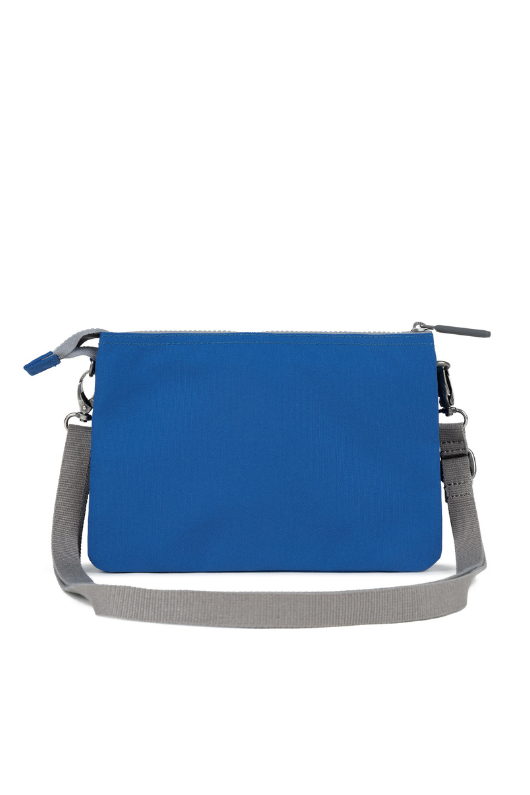 An image of the Roka London Carnaby Crossbody XL Galactic Blue Recycled Canvas Bag.