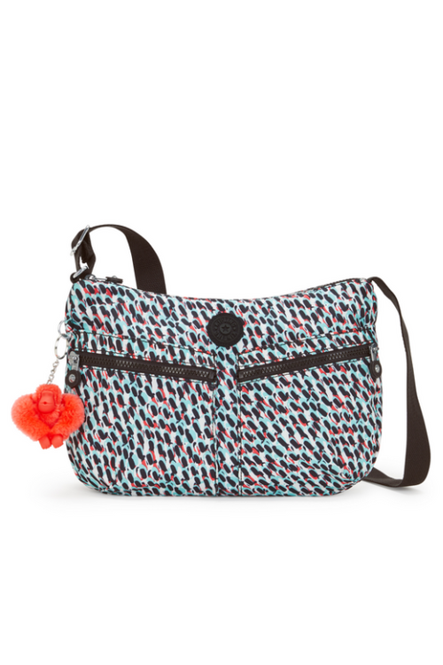 Kipling Izellah Medium Across Body Shoulder Bag. A crossbody bag with adjustable strap, zipped main compartment, multiple pockets, Kipling monkey charm, and all over abstract print.
