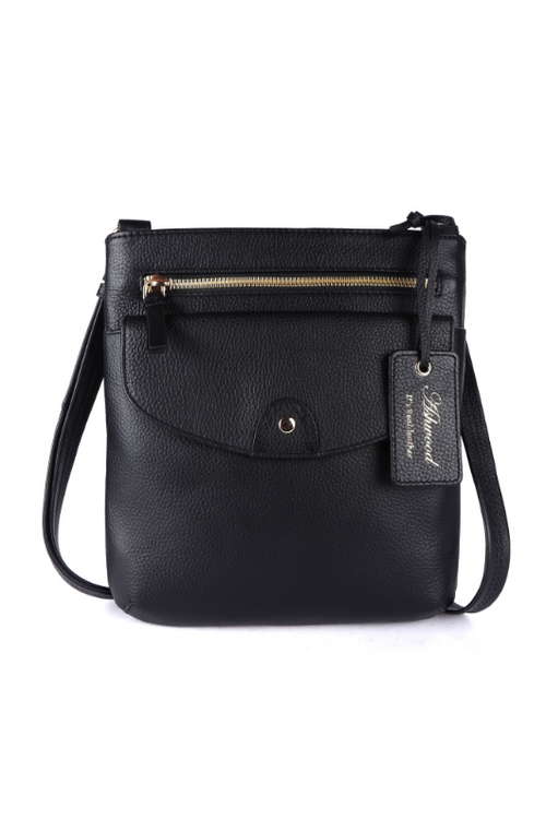 Ashwood Leather Leather Crossbody Bag. A genuine black leather bag with adjustable shoulder strap, anti-theft pocket, organiser pockets and zip closures.