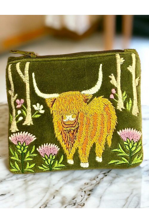 An image of the Orchid Designs Forest Green Purse with Highland Cow Detail.