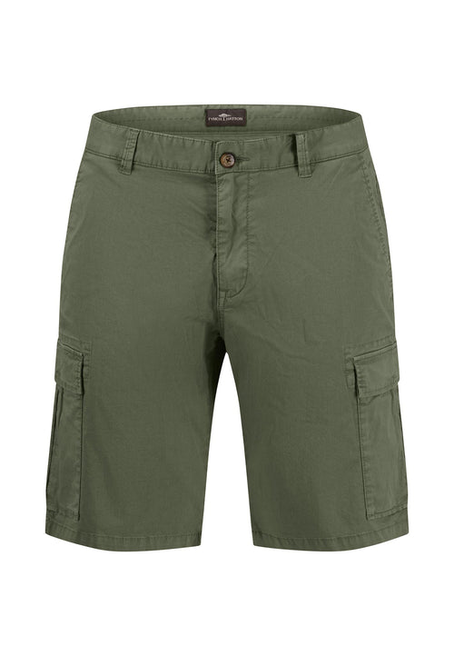 Fynch-Hatton Cargo Shorts. A pair of olive green Bermuda style shorts with pockets and button/zip fastening.