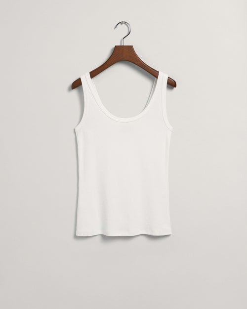 Gant Slim Ribbed Tank Top. A sleeveless white top with scoop neck and logo embroidery.