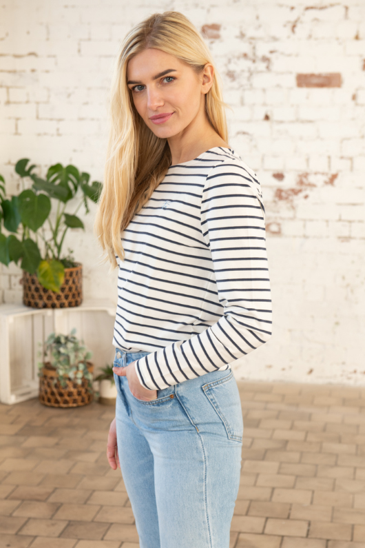 Lighthouse Causeway Breton Top. A long sleeve top with a classy boat neck, a stretchy cotton fabric finish and a white and black stripe design