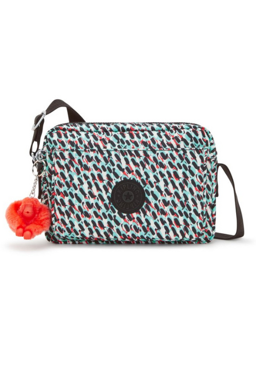 Kipling Abanu Medium Crossbody. A crossbody bag with adjustable strap, 2 main compartments with zip closure, multiple pockets, Kipling logo/monkey charm, and all over abstract multicoloured print.