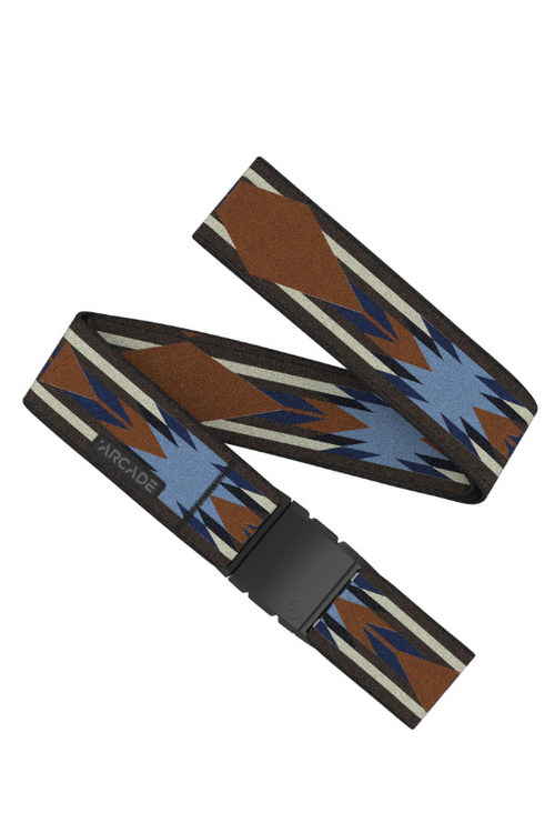 Arcade Belts Ironwood Belt. a stretch belt with brown and blue geometric print and tapered buckle.