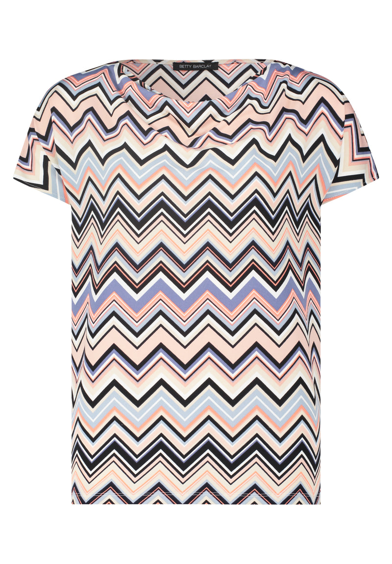 This Betty Barclay Printed Top has a figure-skimming design, dropped mid-length sleeves and a cowl neckline. It features a zig-zag pattern in multiple pastel colours including blue and pink. 