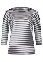 This Betty Barclay Striped Top has a bateau neckline and 3/4 length sleeves. This top is slightly fitted and has a dark blue and white striped pattern.