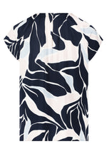 Betty Barclay Cap Sleeve Top. A casual fit top with short sleeves, and a round neckline with gathered detail. This dress features an abstract design of pastel blue and pink on a navy background.
