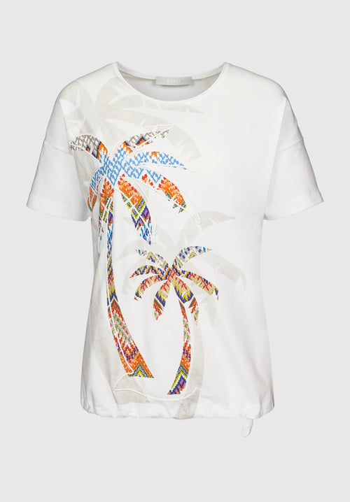 Bianca Julie Palm Motif Top. A regular fit white top with short sleeves, round neckline, and colourful palm tree print.