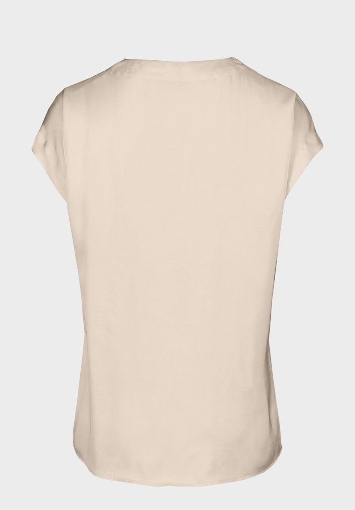 Bianca Samira Satin Top. A regular fit V-neck t-shirt with short sleeves and front pleat. Plain, sand coloured design.