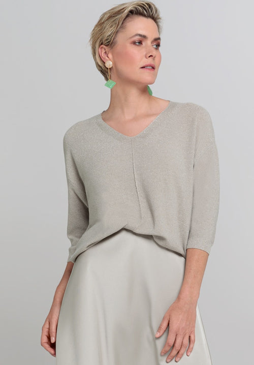 Bianca Oline V-Neck Spraklee Top. A regular fit, 3/4 length sleeve top with a V-neckline and shimmer design in stone grey.