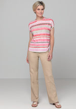Bianca Julie Striped Top. A regular fit top, with short sleeves and round neckline. This piece features a tie side detail and striped pink, red and grey print.