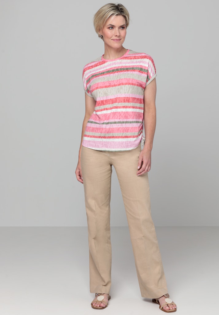 Bianca Julie Striped Top. A regular fit top, with short sleeves and round neckline. This piece features a tie side detail and striped pink, red and grey print.