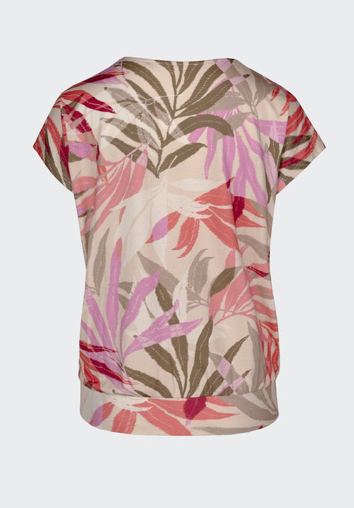 Bianca Julie Cap Sleeve Top. A regular fit, V-neck top with short sleeves featuring a pink and multicoloured leaf print.