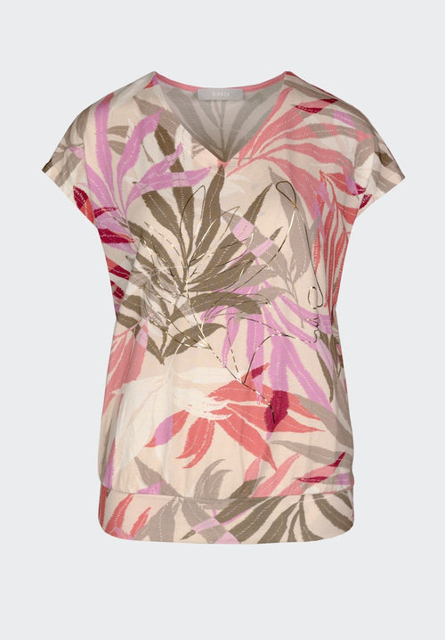 Bianca Julie Cap Sleeve Top. A regular fit, V-neck top with short sleeves featuring a pink and multicoloured leaf print.