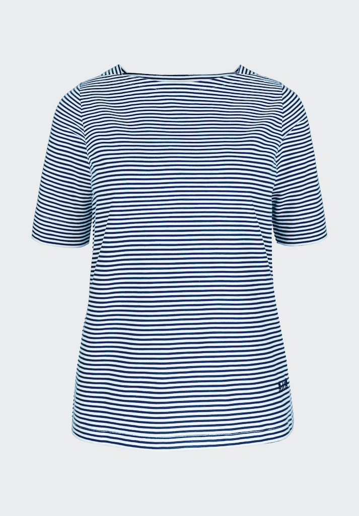 Bianca Lot Striped Top. A regular fit classic T-shirt design with short sleeves and round neckline. The print features navy and white stripes.