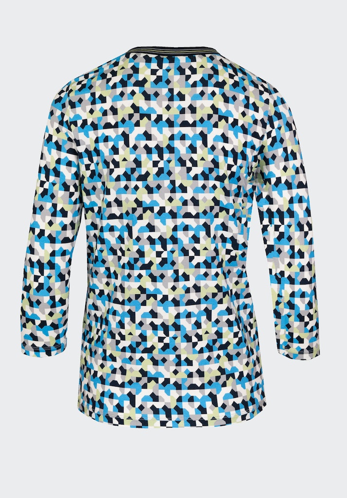 Bianca Dini 3/4 Sleeve Patterned Top. A regular fit top with 3/4 length sleeves, round neckline and abstract blue, green and black pattern.