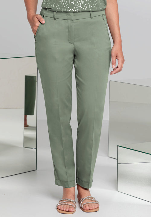 Bianca Siena Trouser. A pair of slim fit chino style trousers with belt loops and zip closure, in the colour sage green.