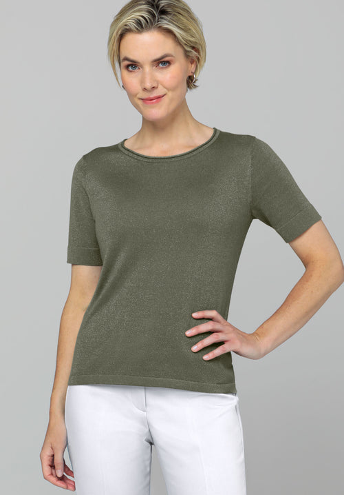 Bianca Rabea Sparkle Top. A short sleeve green top with round neckline and sparkle detail.