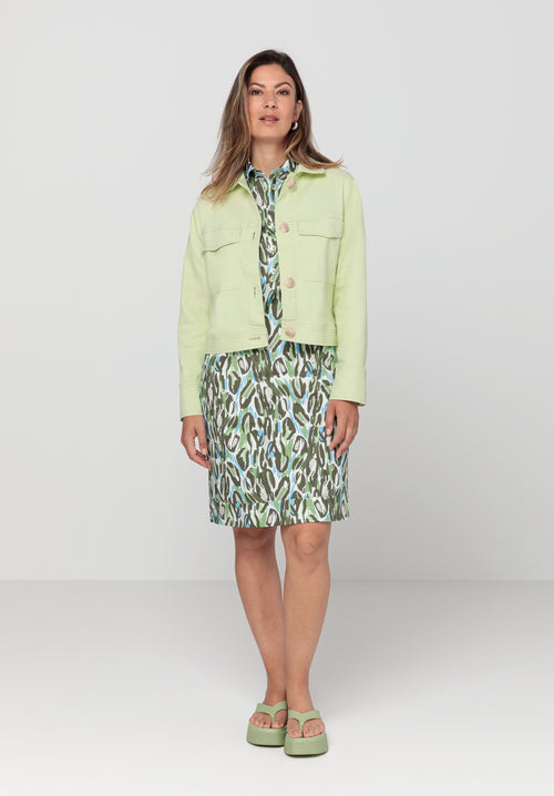 Bianca Peggy Denim Jacket. A regular fit jacket with long sleeves, collared neckline and button fastenings. This jacket has pockets and is a pale green colour.
