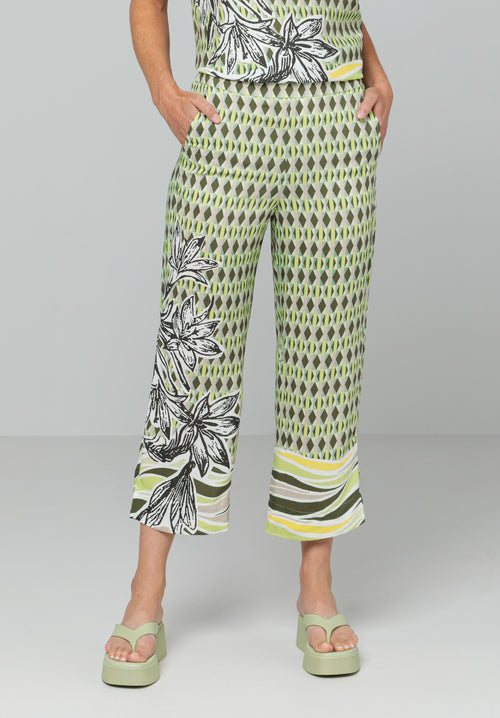 Bianca Parigi Print Trouser. A pair of culottes featuring an eye-catching mixed yellow and green pattern.