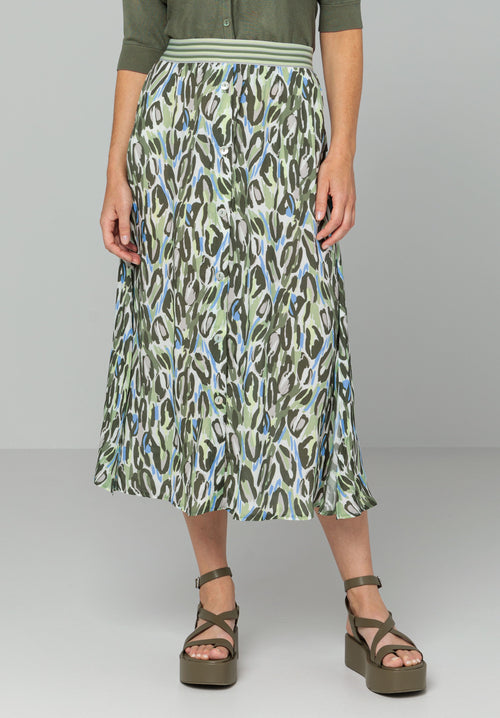Bianca Button Through Skirt - Kina. A midi length skirt with buttons, in green animal print with a contrasting striped waistband.