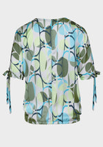 Bianca Shara V-Neck Top. A regular fit polyester top with V-neck and tie-sleeve detail. Features an abstract design in blue and green.