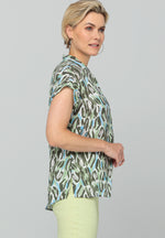 Bianca V-Neck Cap Sleeve Alin Top. A regular fit shirt with short sleeves and green animal print.