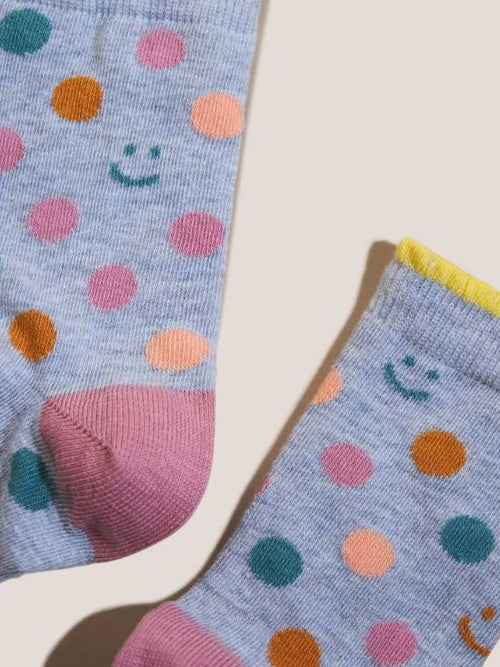 White Stuff Spot Face Socks. Organic cotton ankle socks with a colourful dots and smiley face design