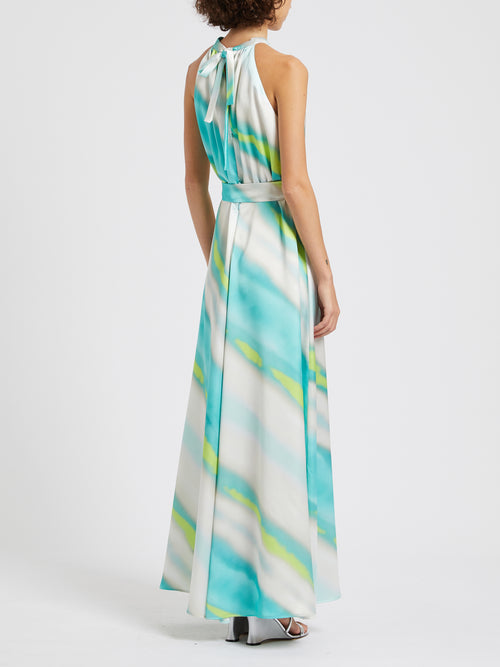 Marella Paella Halter Long Neck Dress. A sleeveless maxi dress with halter neck, keyhole detail, and belt. this dress features an aquamarine pattern.