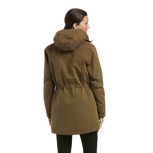 An image of a female model wearing the Ariat Argentium Insulated Parka in the colour Earth.