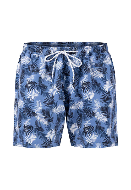 Fynch-Hatton Swim Shorts. A pair of blue leaf print swim shorts with casual fit and waist tie.