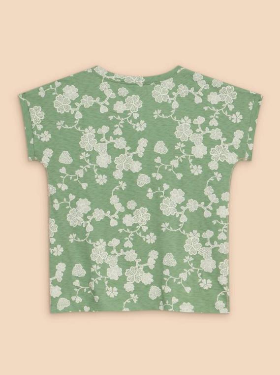 White Stuff Nelly Notch Neck Tee. A short sleeved t-shirt with a notch neck and a green floral print.