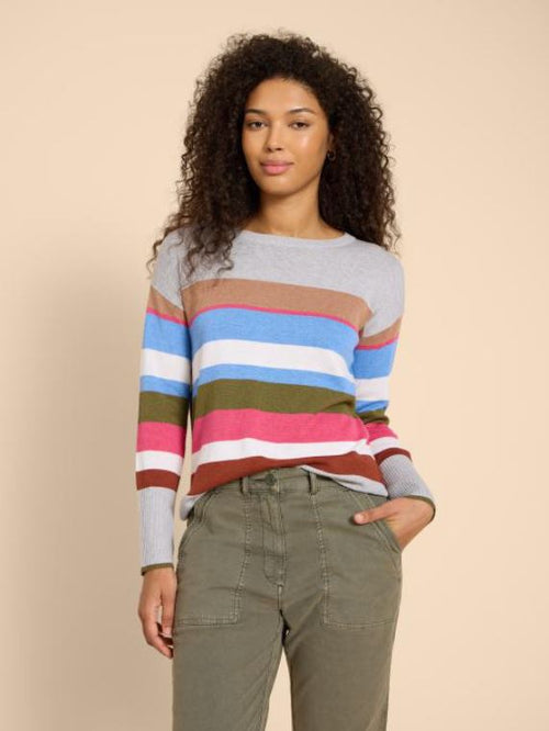 White Stuff Olive Stripe Jumper. A regular fit jumper with a crew neck and a colourful thick stripe design