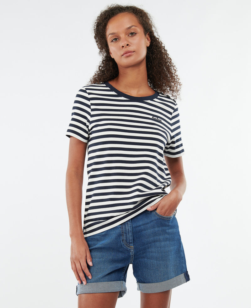 An image of a female model wearing the Barbour Ferryside T-Shirt in the colour Navy.