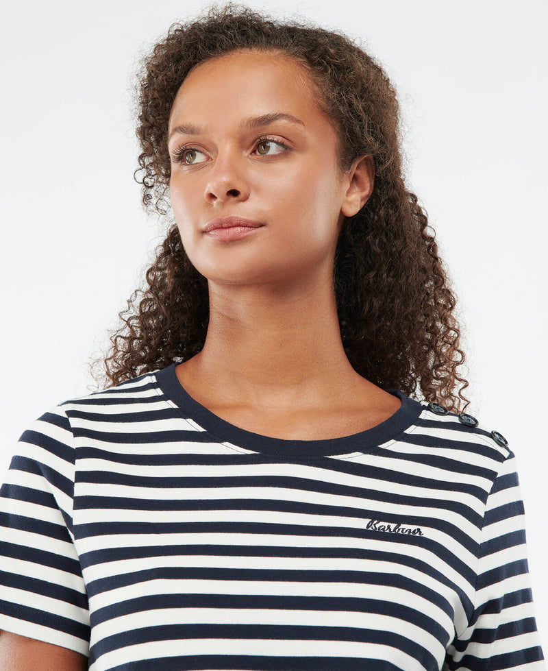 An image of a female model wearing the Barbour Ferryside T-Shirt in the colour Navy.