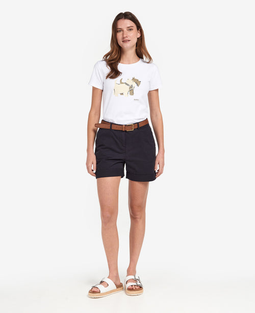An image of a female model wearing the Barbour Chino Shorts in the colour Navy