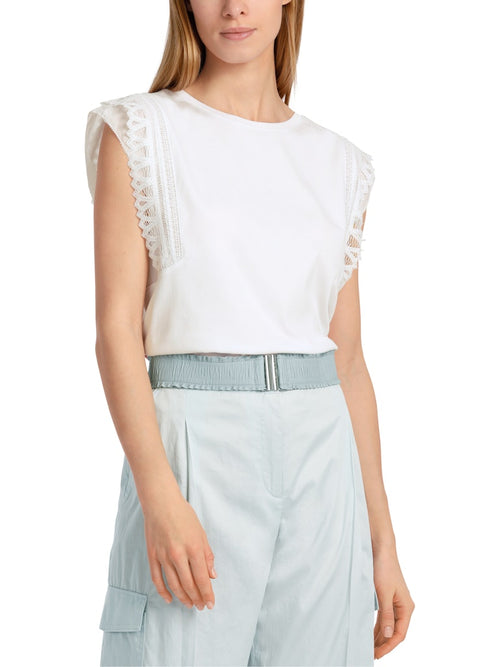 Marc Cain Cap Sleeve Lace Top. A white sleeveless, slim, and straight fit top with a round neckline and lace shoulder detail.