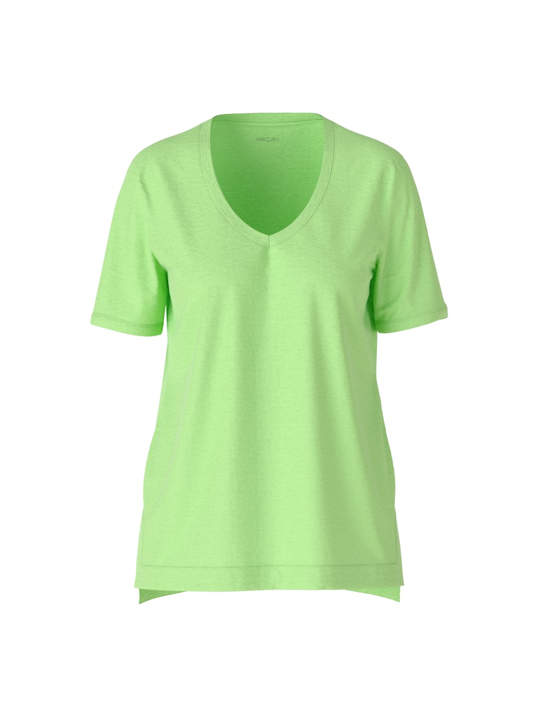 Marc Cain Short Sleeve V-Neck Top. A loose cut T-shirt with short sleeves, V-neck, and side slits, in an eye-catching green colour.