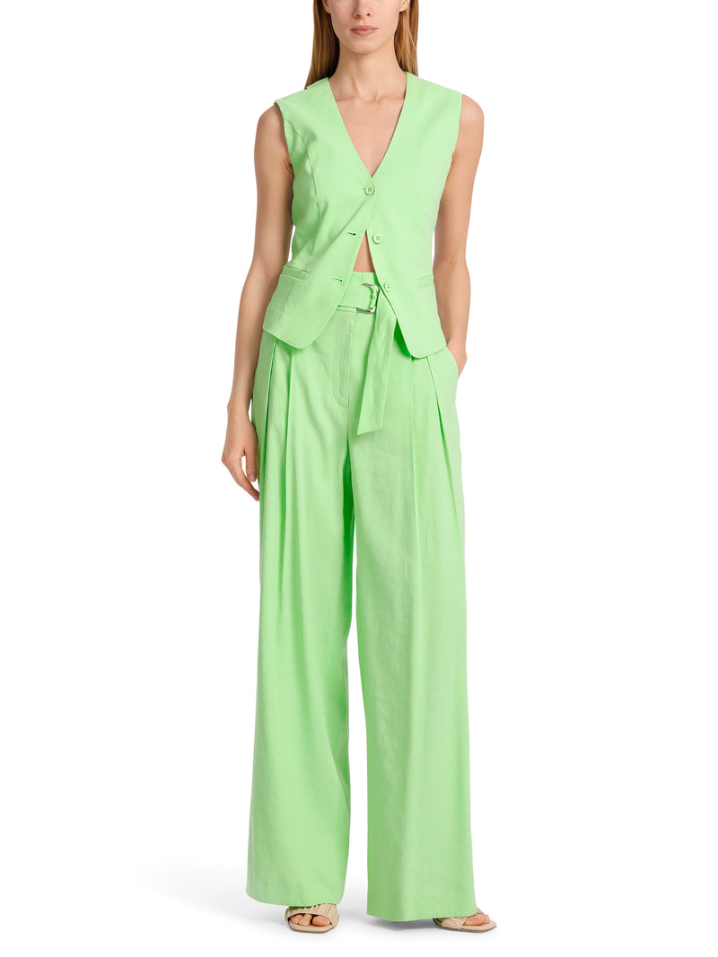 Marc Cain Wichita Pleated Wide Leg Trouser. A pair of green wide leg trousers with pleated detail and belt.