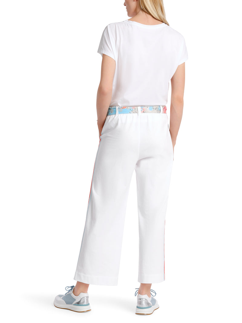 Marc Cain Washington Wide Leg Trouser. A pair of white wide leg trousers with multicoloured scarf belt.