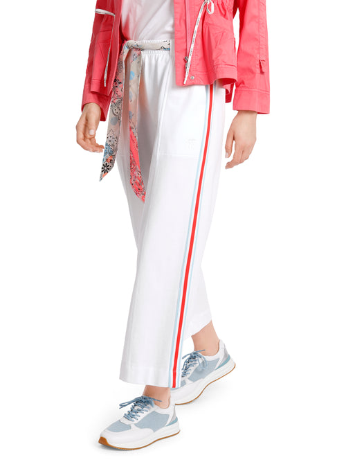 Marc Cain Washington Wide Leg Trouser. A pair of white wide leg trousers with multicoloured scarf belt.