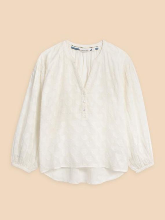 White Stuff Josie Heart Jacquard Top. A pale ivory blouse-style top with notch neckline and all-over elegant, heart jacquard detail.