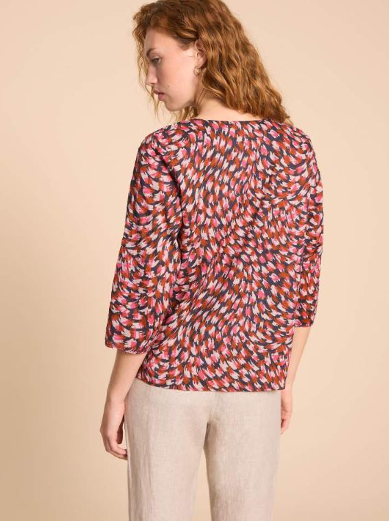 White Stuff Rae Organic Cotton Top in Pink with an abstract all-over print.