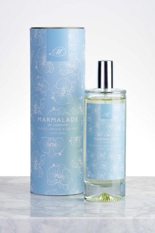 Marmalade of London Room Spray - Pacific Orchid & Sea Salt scent in light blue floral packaging