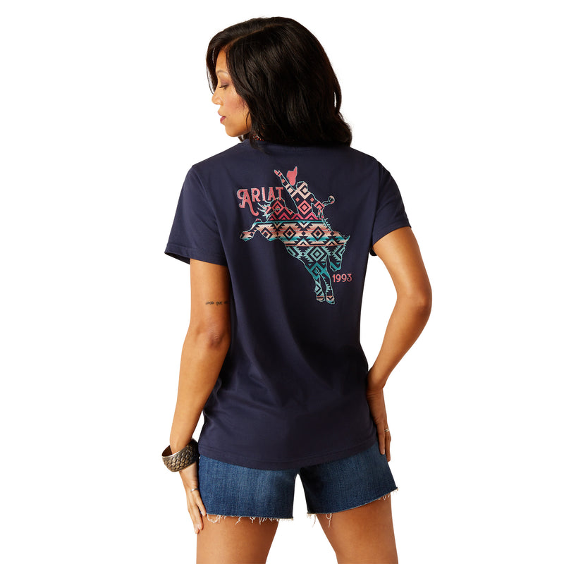 An image of a female model wearing the Ariat Bronco T-Shirt in the colour Navy.